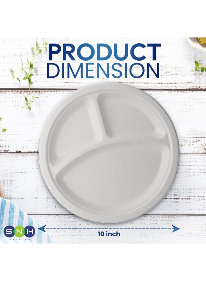 SNH Packing أطباق disposable بيضاء ثلاثية الأقسام 10" من SNH Packing [25 عبوة] - أطباق من قصب السكر الثقيلة، صديقة للبيئة، قابلة للتحلل، قابلة للتسميد، آمنة للاستخدام في الميكروويف ومقاومة للتسرب للحفلات والنزهات والعشاء. - Image 2